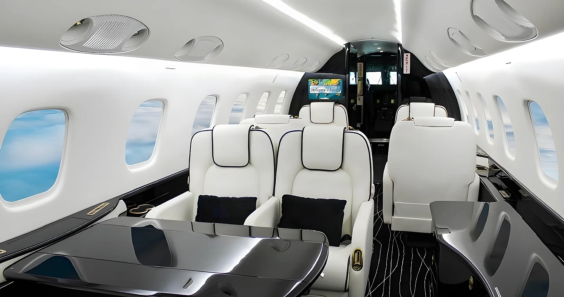 Legacy 600:s kabin med vita läderfåtöljer